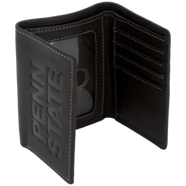 open brown leather tri-fold wallet with debossed Penn State